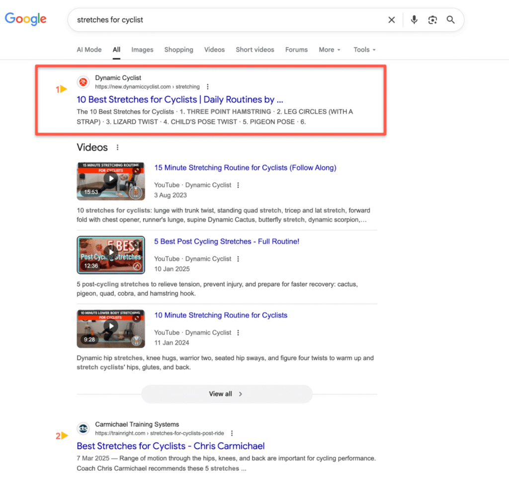 Google SERP of stretches for cyclist - 1st page