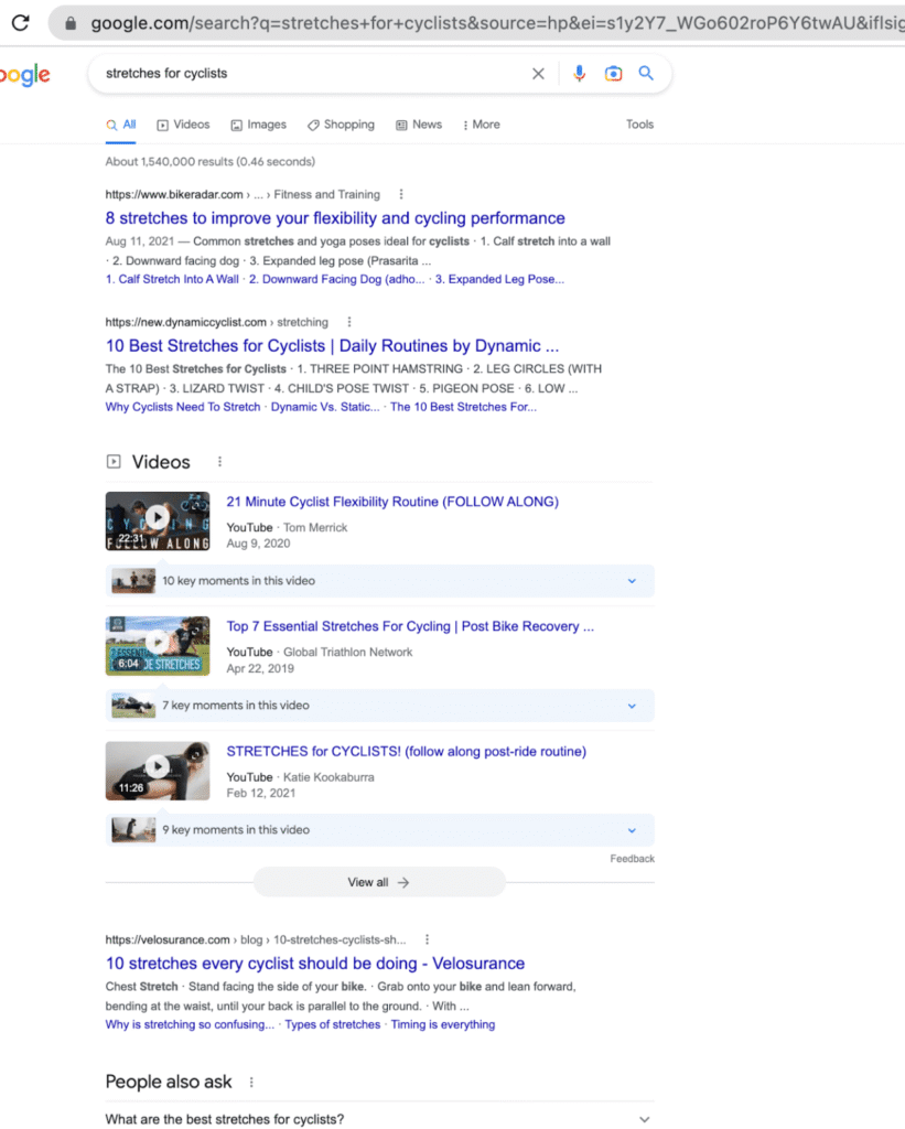 Google SERP of stretches for cyclist - 2nd page